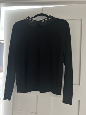 Black Embellished Scalloped Collar Sweater - Women's Elegant Knit
